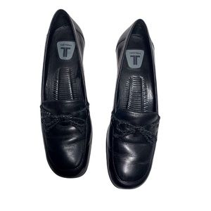 Totters Black Leather Braided Bow Block Loafers